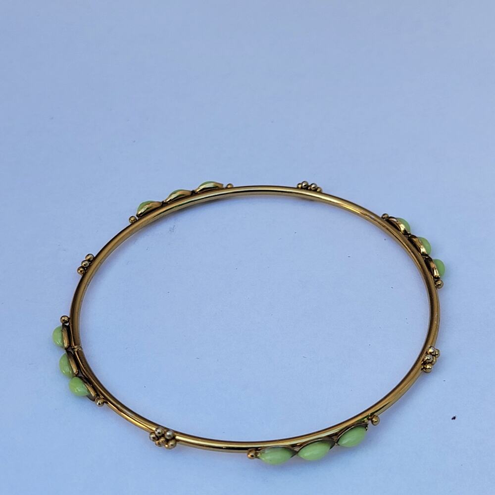 Vintage gold bangle bracelet with green cabochons 70s mod retro jewelry